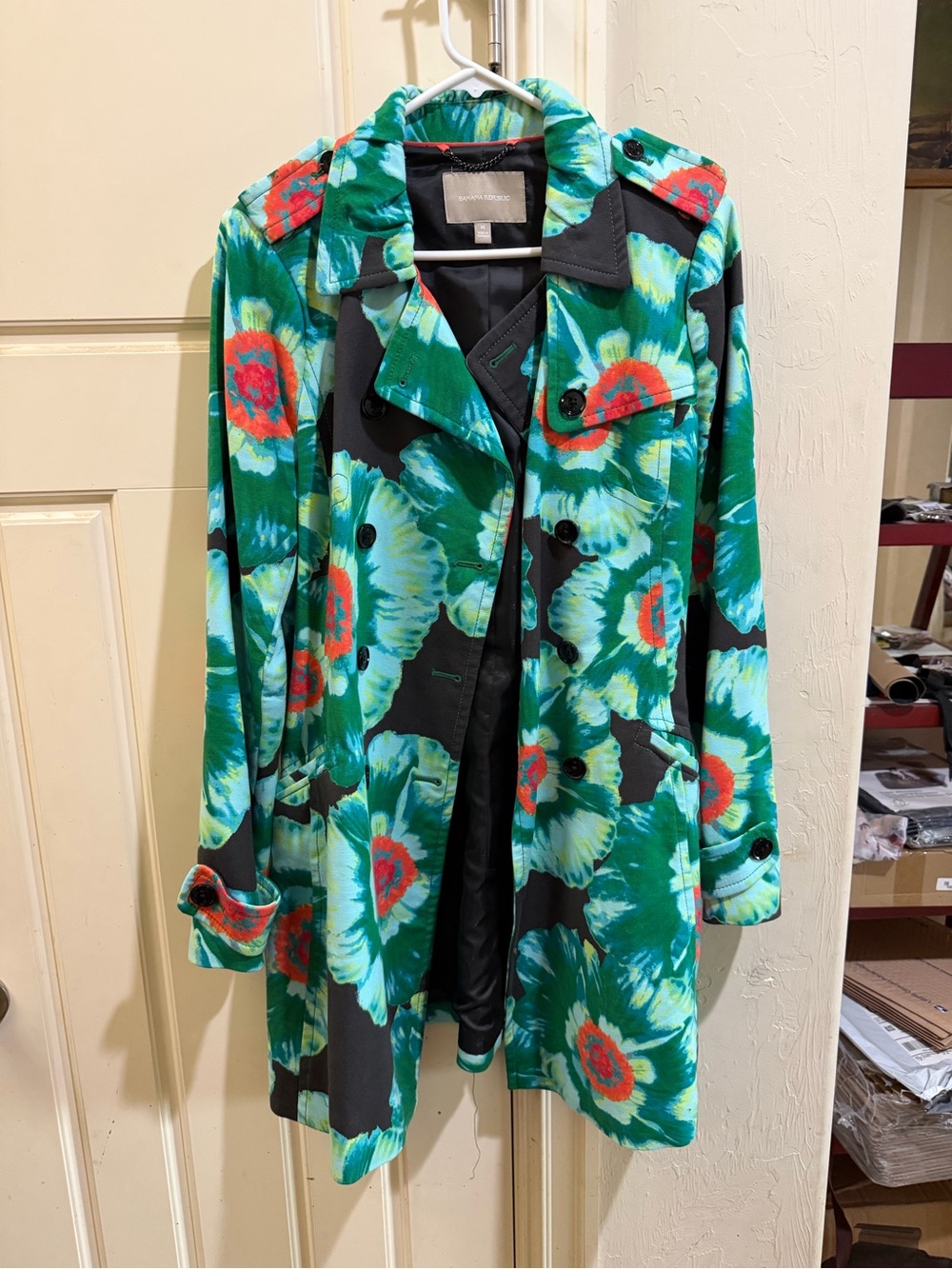 Banana Republic Green Floral Trench Coat with Red Accents
